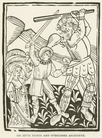 Sir Bevis vecht en overwint Ascaparte (gravure) door (after) English School