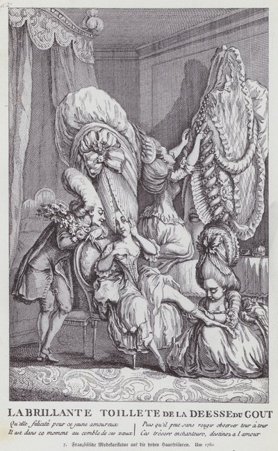 Franse cartoon die de kapsels van vrouwen uit die tijd bespot door (after) French School