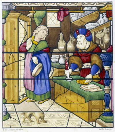 Geschiedenis van de Jood in de Rue des Billettes - facsimile van een glas-in-lood, St Alpin Kerk in Chalon door (after) French School