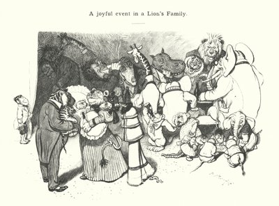 Een vreugdevolle gebeurtenis in een leeuwenfamilie (gravure) door (after) German School