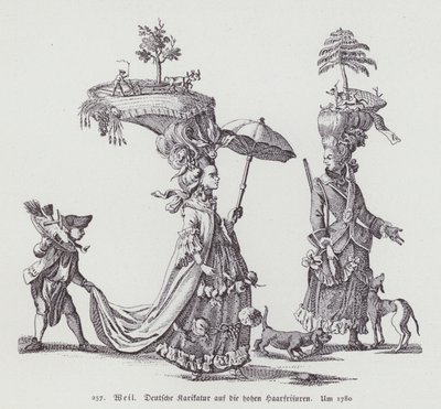Duitse cartoon die de kapsels van vrouwen uit die tijd bespot door (after) German School
