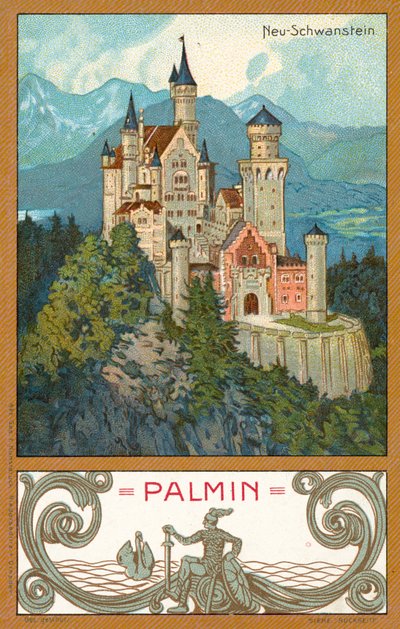 Kasteel Neuschwanstein, Beieren (chromolitho) door (after) German School