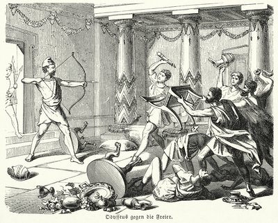 Odysseus doodt de vrijers van Penelope door (after) German School