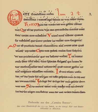 Pagina uit de Carmina Burana (kleur litho) door (after) German School