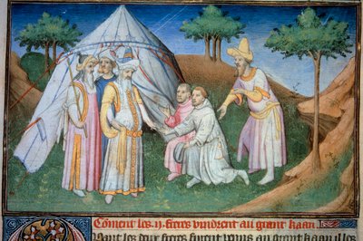 Broers Nicolo en Matteo Polo, vader en oom van de jonge Marco Polo (1254-1324) werden ontvangen aan het hof van de Grote Qubilai (Kubilai Khan, eerste keizer van de Mongoolse Yuan-dynastie (1215-1294), Mongoolse keizer in 1271). Miniatuur uit 