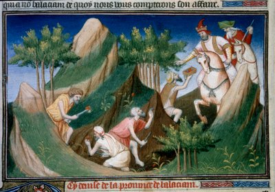 Extractie van robijnen uit de berg van Sighinan in opdracht van de koning van Badakhshan. Miniatuur uit "Het Boek der Wonderen" ("Devisement of the World", "Il Milione") door Marco Polo, geïllustreerd door de Meester van door (and workshop) Boucicaut Master