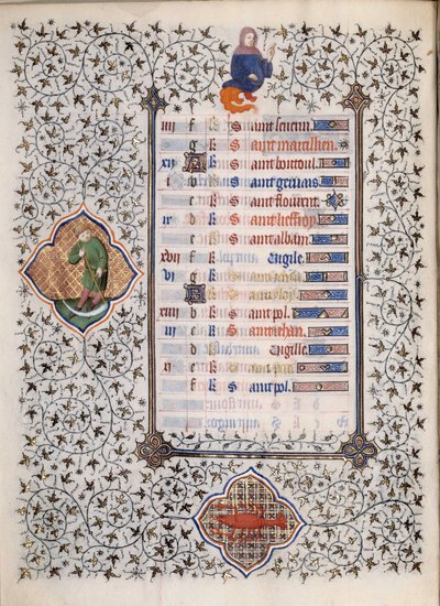Pagina uit het manuscript Les Tres Riches Hours du Duke Francois de Guise: voorstelling van sterrenbeelden en scènes uit het dagelijks leven: kanker en een man met een sikkel door (and workshop) Boucicaut Master