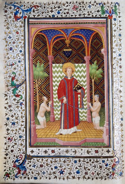 Voorstelling van Sint Leonardus (6e eeuw), kluizenaar van Limousin, die twee gevangenen vrijlaat. Pagina van het manuscript 