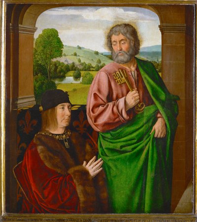 Pierre II, sire de Beaujeu, hertog van Bourbon, aangeboden door Sint Pieter ... door (fl.c.1483-c.1529) Master of Moulins