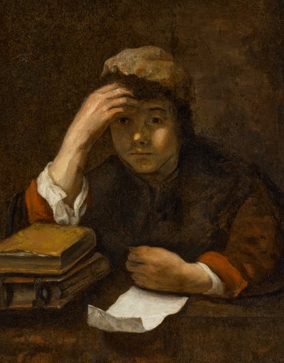 Een lezende jongen (olieverf op doek) door (studio of) Rembrandt Harmensz. van Rijn