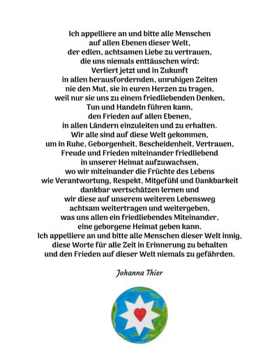 Vredesboodschap met de Ster van de Edele, Aandachtige Liefde voor alle Mensen van deze Wereld door Johanna Thier