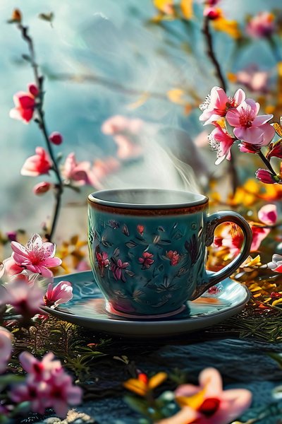 Een surrealistisch kopje koffie omringd door bloemen voor moderne wanddecoratie door F. Abderrahim