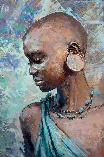 Afrikaanse stammeisje met traditioneel kostuum | Abstract figuratieve kunstdrukken door F. Abderrahim