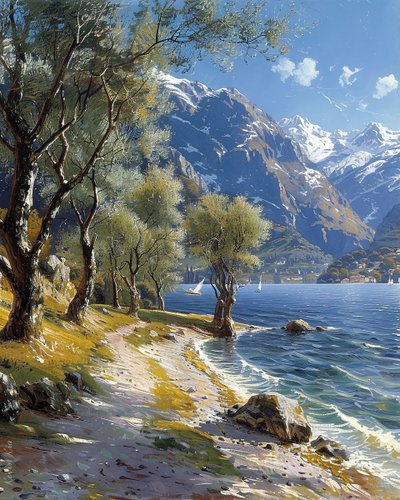 Berg- en boslandschap met een rustig meer, online kunstdrukken door F. Abderrahim