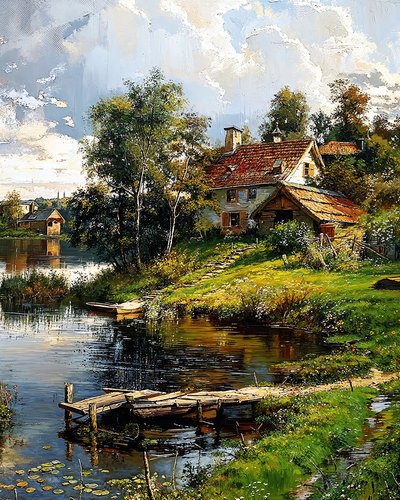 Een huis aan de rand van een kronkelende rivier, wanddecor voor slaapkamer door F. Abderrahim
