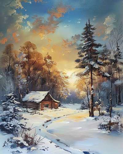 Hut midden in een bos en sneeuw, winterlandschap wanddecoratie door F. Abderrahim