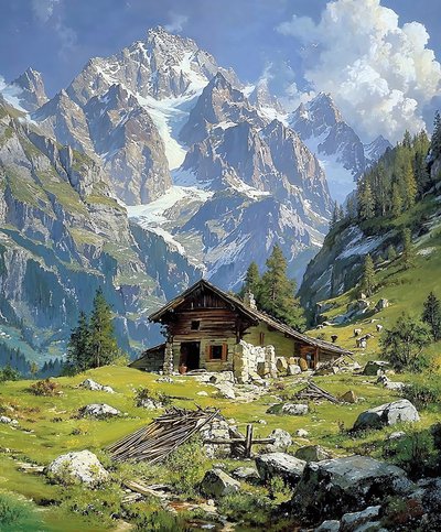Blokhut in de Zwitserse Alpen in de lente, wanddecoratie voor keuken door F. Abderrahim