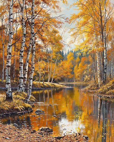Landschap en berken met kristalhelder water, online kunstdrukken door F. Abderrahim