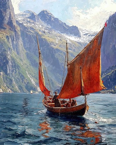 Een zeilboot in een vallei tussen de bergen, Ingelijst wanddecoratie door F. Abderrahim