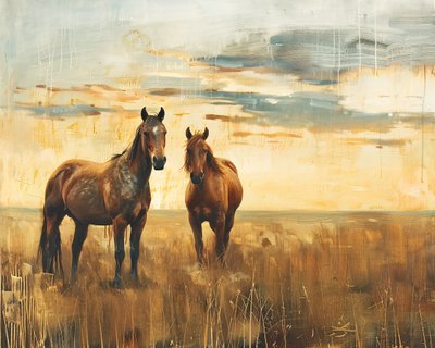 Olieverfschilderij Majestic Horses in a Field at Sunset, Canvas  wanddecoratie door F. Abderrahim