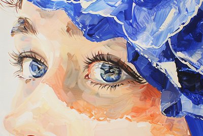 Realistisch olieverfschilderij filmisch indigo, vrouwelijk blauw oog close-up door F. Abderrahim