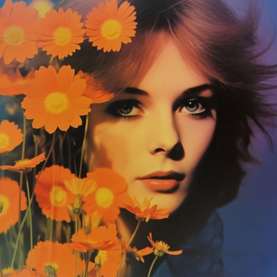 vintage vrouwenportret  bloemen, A Retro Floral Vision, online kunst afdrukken door F. Abderrahim