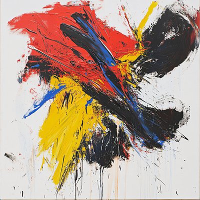 Abstracte Kleurrijke Penseelstreken, Rood Blauw Geel en Zwart Schilderij; canvas afdrukken door F. Abderrahim
