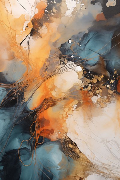 Abstract schilderij, blauwe  oranje golf, witte achtergrond, Custom Canvas Prints door F. Abderrahim