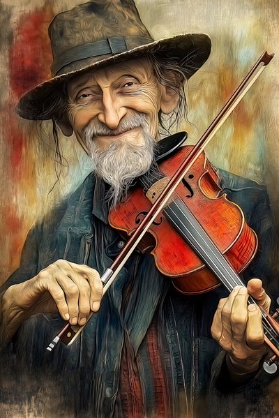 Straatmuzikant die jazzmuziek speelt op zijn viool, , Ingelijst wanddecoratie door F. Abderrahim