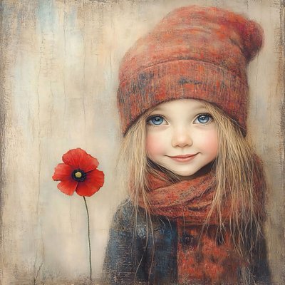 Een meisje in een veld van klaprozen met een foto van een meisje in een bloem, muur woondecoratie door F. Abderrahim
