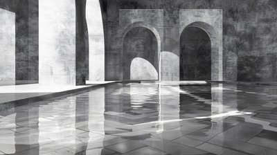 Bogen en poorten in een marmeren paleis, architectuur, zwart-wit, wanddecoratie prints door F. Abderrahim