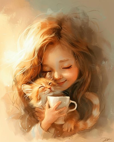 Meisje, haar kat en de liefde voor goede koffie, ingelijste wanddecoratie door F. Abderrahim