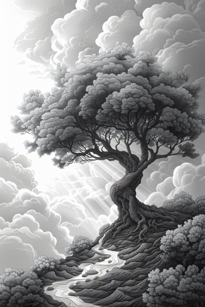 Majestueuze rotsformatie, natuurlijk portaal, dramatische storm en boom, ingelijst wanddecor, door F. Abderrahim