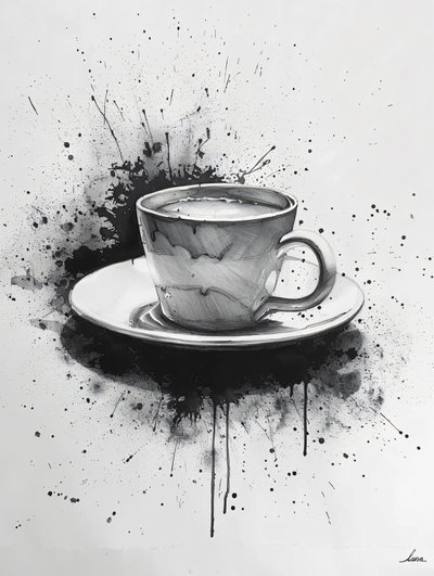 Minimalistische Noir-scène met enkele lijn en koffievlek, online kunstdrukken door F. Abderrahim
