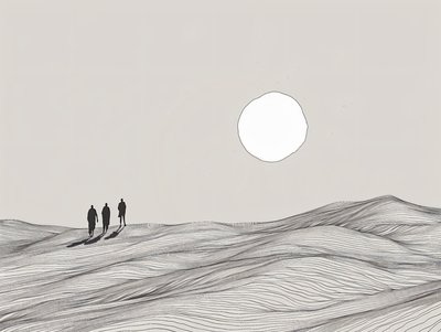 Minimalistische schets, Mannen die in een woestijnzon processie lopen, online kunstdrukken door F. Abderrahim