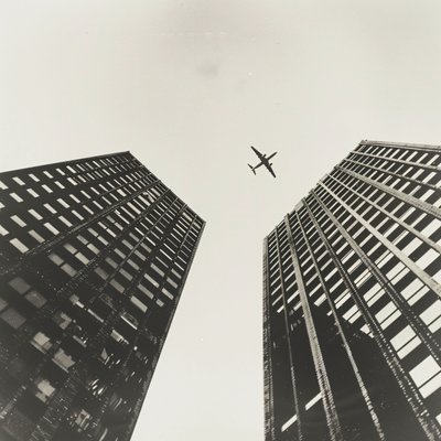 Vliegtuig vliegt over twee torens, fotografie met  zwart, wall art prints op aanvraag door F. Abderrahim