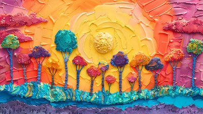 Plasticine panoramisch boomlandschap met heldere kleuren, online kunstdrukken door F. Abderrahim