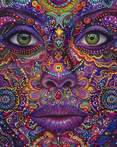 Psychedelische Vrouw met Kleurrijk Gezicht Spiritueel  Mandala Patronen, canvas art prints door F. Abderrahim