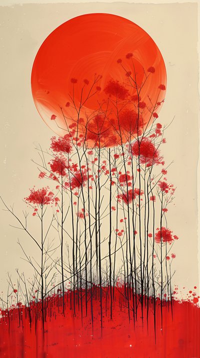 Zonsondergang op een heuvel van rode bloemen schilderij, verticale muur Decor te koop door F. Abderrahim