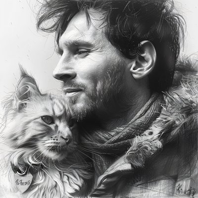 Kat met voetballer Messi, Modern wanddecor | print on demand door F. Abderrahim