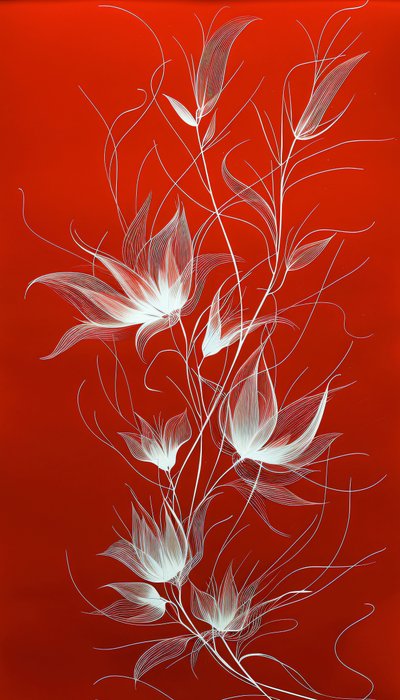 Witte lijntekening van planten en bloemen op een levendige rode achtergrond, wanddecoratie door F. Abderrahim