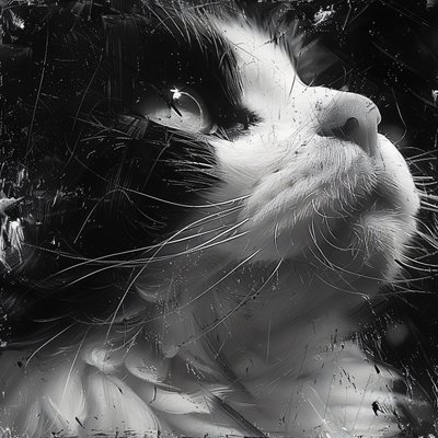 Uitgezoomde zwart-wit minimalistische schets van een kattengezicht, wanddecoratie prints door F. Abderrahim