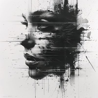 Uitgezoomd portret van een zwart-witte minimalistische schets van het vrouwengezicht door F. Abderrahim