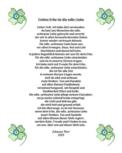 Gods erfenis is de nobele liefde voor alle mensen van deze wereld door Johanna Thier