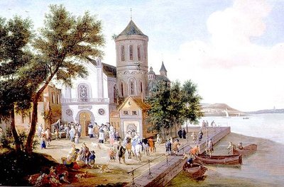Kustlandschap met figuren op een kerkplein door A.F. and Bouts P. Boudewyns