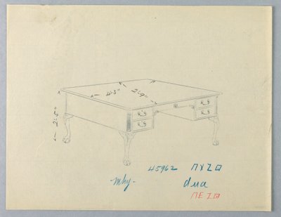 Ontwerp voor bibliotheektafel met leeuwenpootvoeten door A.N. Davenport Co.
