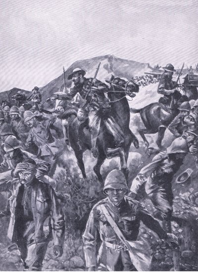 Britse gevangenen gebruikt als scherm terwijl de Boeren een marinekanon verwijderden, uit Na Pretoria: De Guerrillaoorlog gepubliceerd door Harmsworth Bros Limited, 1901 door A. C. Ball