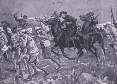 De behandeling van Britse krijgsgevangenen door De Wet tijdens de mars, illustratie uit Na Pretoria: De Guerrillaoorlog, 1902 door A. C. Ball