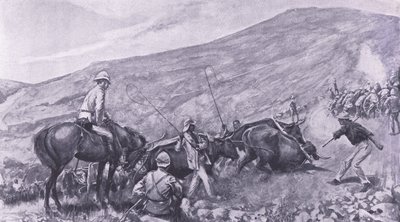 Transportproblemen bij Barberton: Hoe de kanonnen en wagens de bergen op werden gebracht, illustratie uit Na Pretoria: De Guerrillaoorlog, 1902 door A. C. Ball