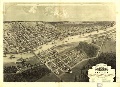 Vogelvlucht van Bay City, Portsmouth, Wenona  Salzburg, Bay Co, Michigan 1867. LOC 73693424 door A.; Chicago Lithographing Co. Ruger